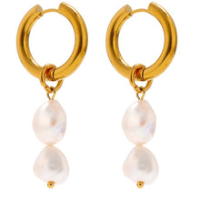 Load image into Gallery viewer, Elegant stainless steel earrings are made in a gold colour. They consists of small hoop on which two natural pearls are hanging. Combination of gold and pearls gives them extra elegant and classy effect. Earrings have real gold plating and represent great accessory to your elegant outfit. They have French lock (hoops).
