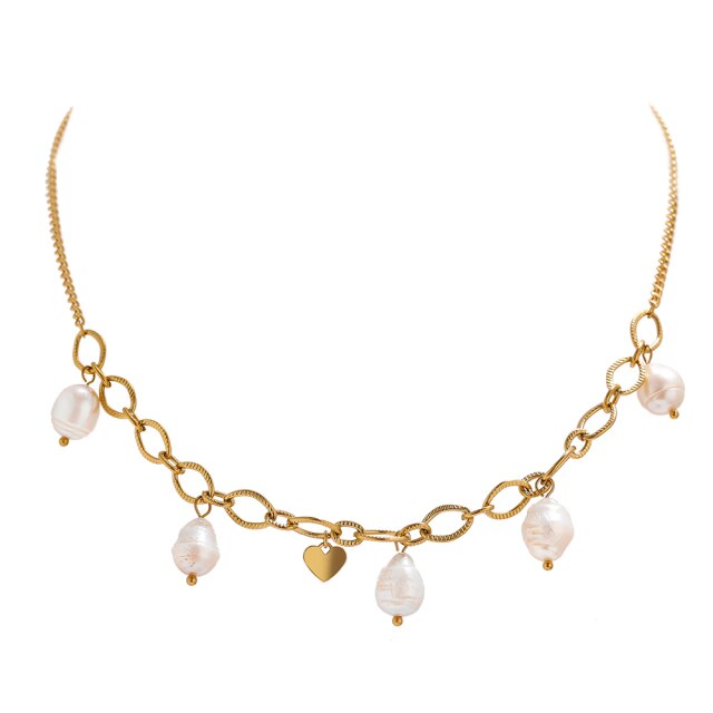 Necklace is made of stainless steel and comes in a gold colour with real gold plating. It is made of a thin and elegant chain that transfers into a link chain at its bottom. The link part is adorned with natural pearls and little heart in gold colour. This elegant necklace is perfect for your evening outfit. it has adjustable length and lobster clasp. 