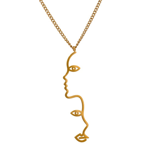 Necklace is made of stainless steel and comes in a gold colour with real gold plating. It is made of a thin and elegant chain that is adorned with a very interesting pedant. Pedant is made of two female silhouettes, one below another. This delicate necklace makes a perfect piece for your elegant outfit. It has adjustable length and lobster clasp.