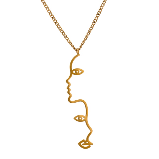 Necklace is made of stainless steel and comes in a gold colour with real gold plating. It is made of a thin and elegant chain that is adorned with a very interesting pedant. Pedant is made of two female silhouettes, one below another. This delicate necklace makes a perfect piece for your elegant outfit. It has adjustable length and lobster clasp.