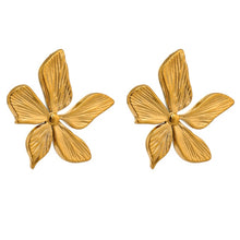 Load image into Gallery viewer, Elegant stainless steel earrings are made in a gold colour. Earrings are made in a shape of a small flower. The surface of the petals is carved which makes them more interesting end effective. Earrings have real gold plating and represent great accessory to your everyday outfit. They have stud fastening.
