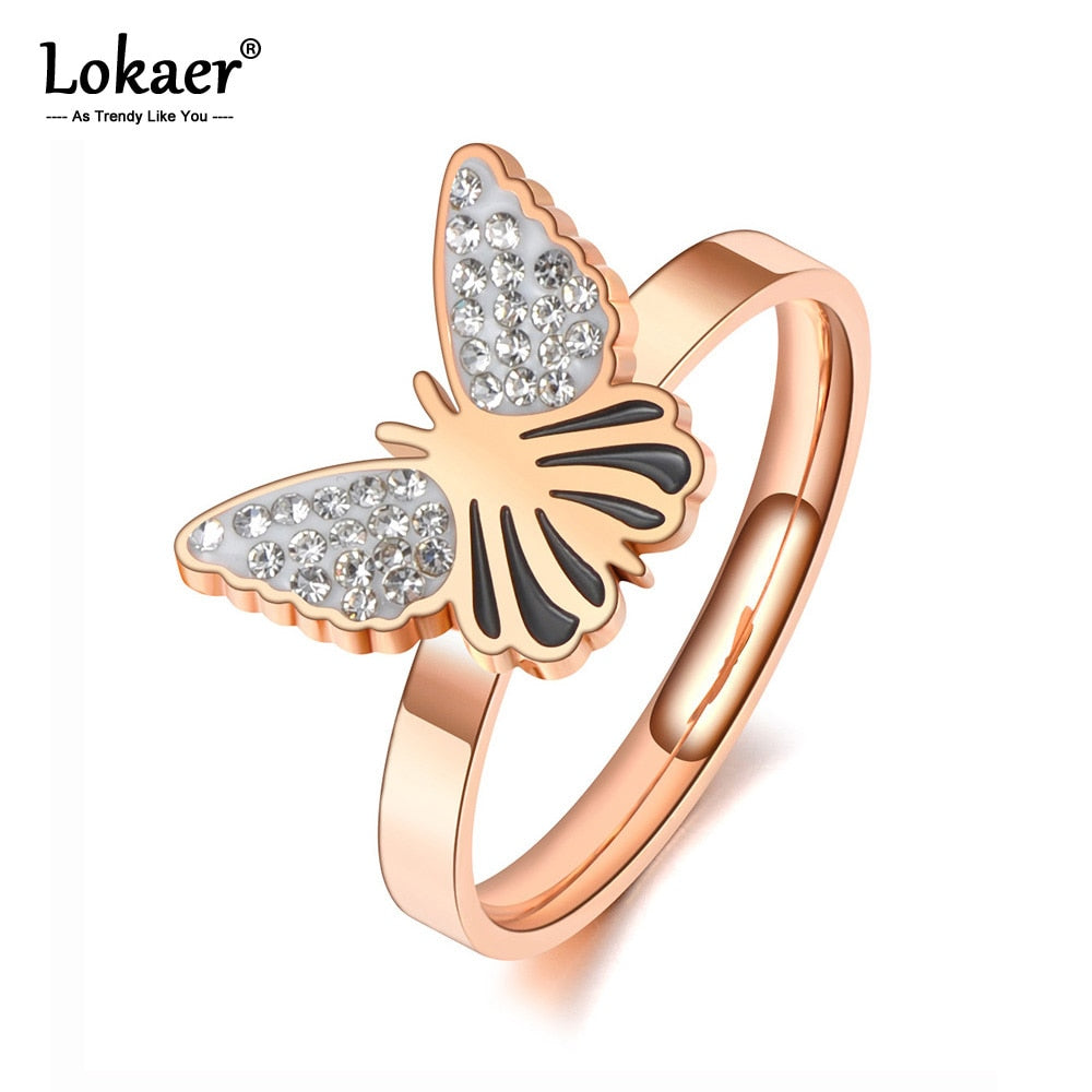 ZOJA - Lokaer Trendy Office/Career Style Stainless Steel Butterfly Party Rings Rose Gold Rhinestone Animal Ring For Women Girls R20014